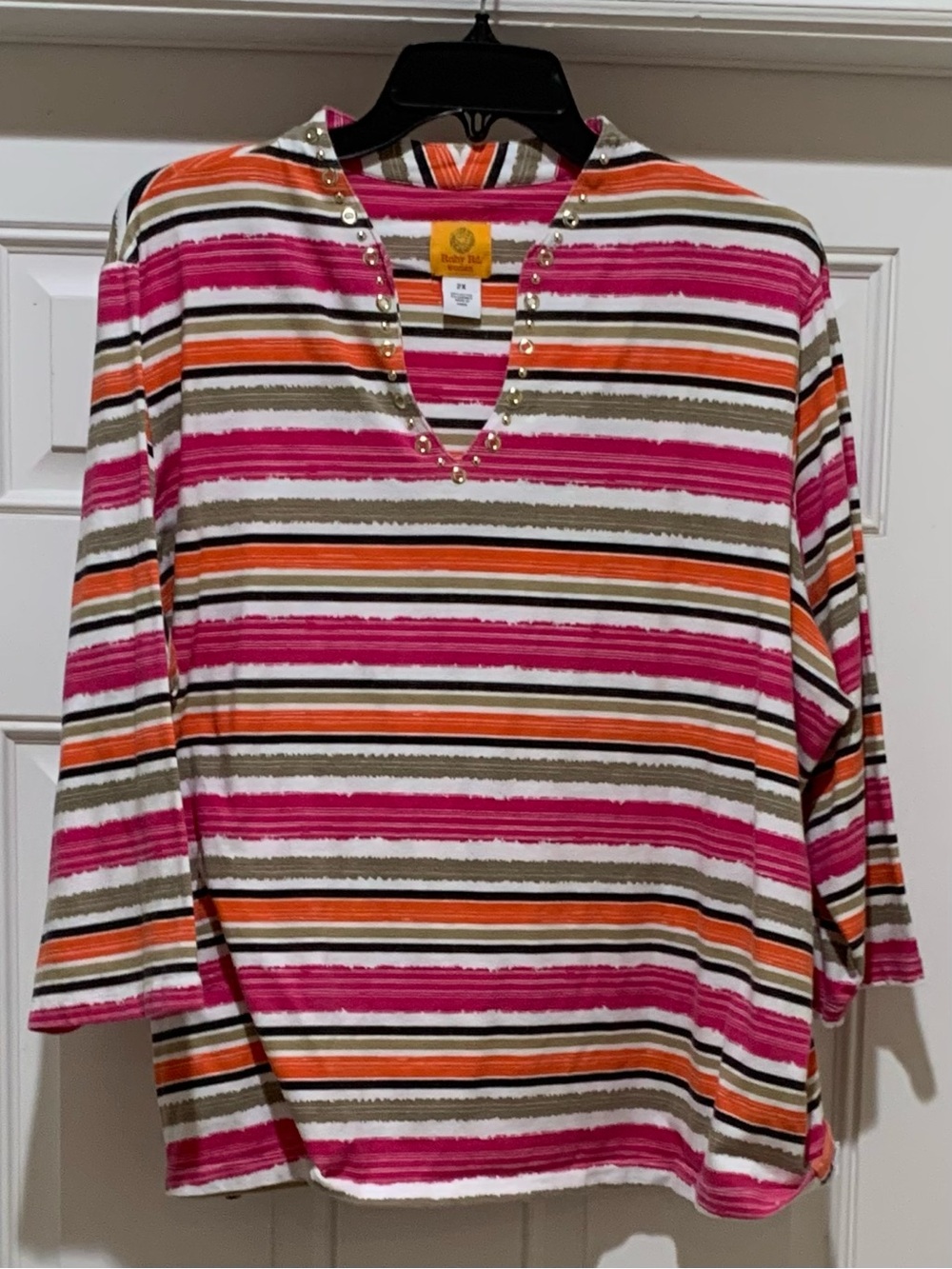 Ruby Rd. Striped Pink Orange Tan Blk V-Neck Stud Trim Women’s Top 2X